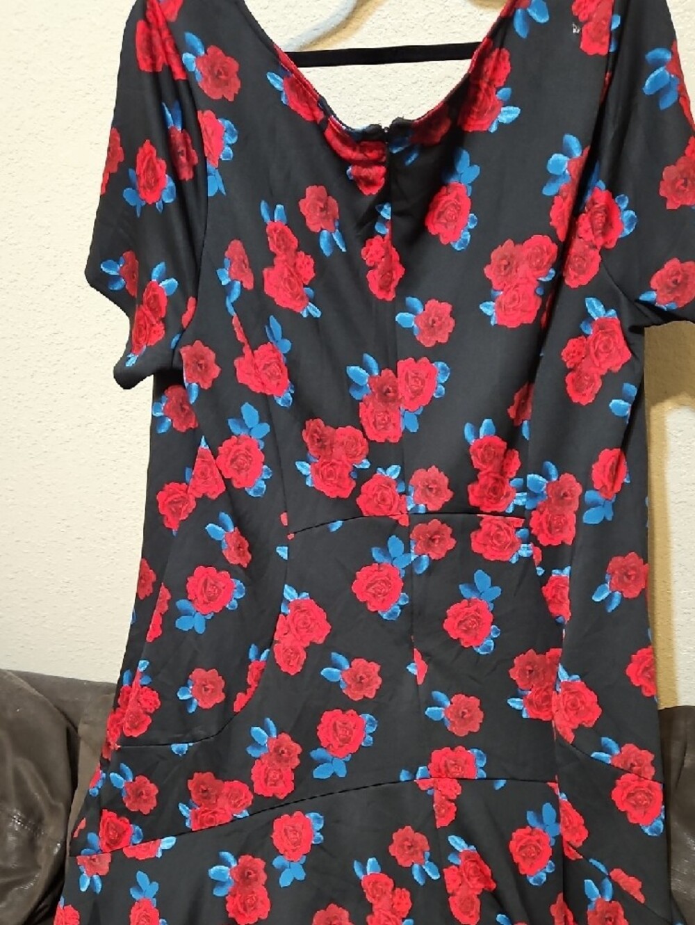 Lane Bryant Black Midi Dress with Red Rose and Blue Leaf Accents - Picture 7 of 10
